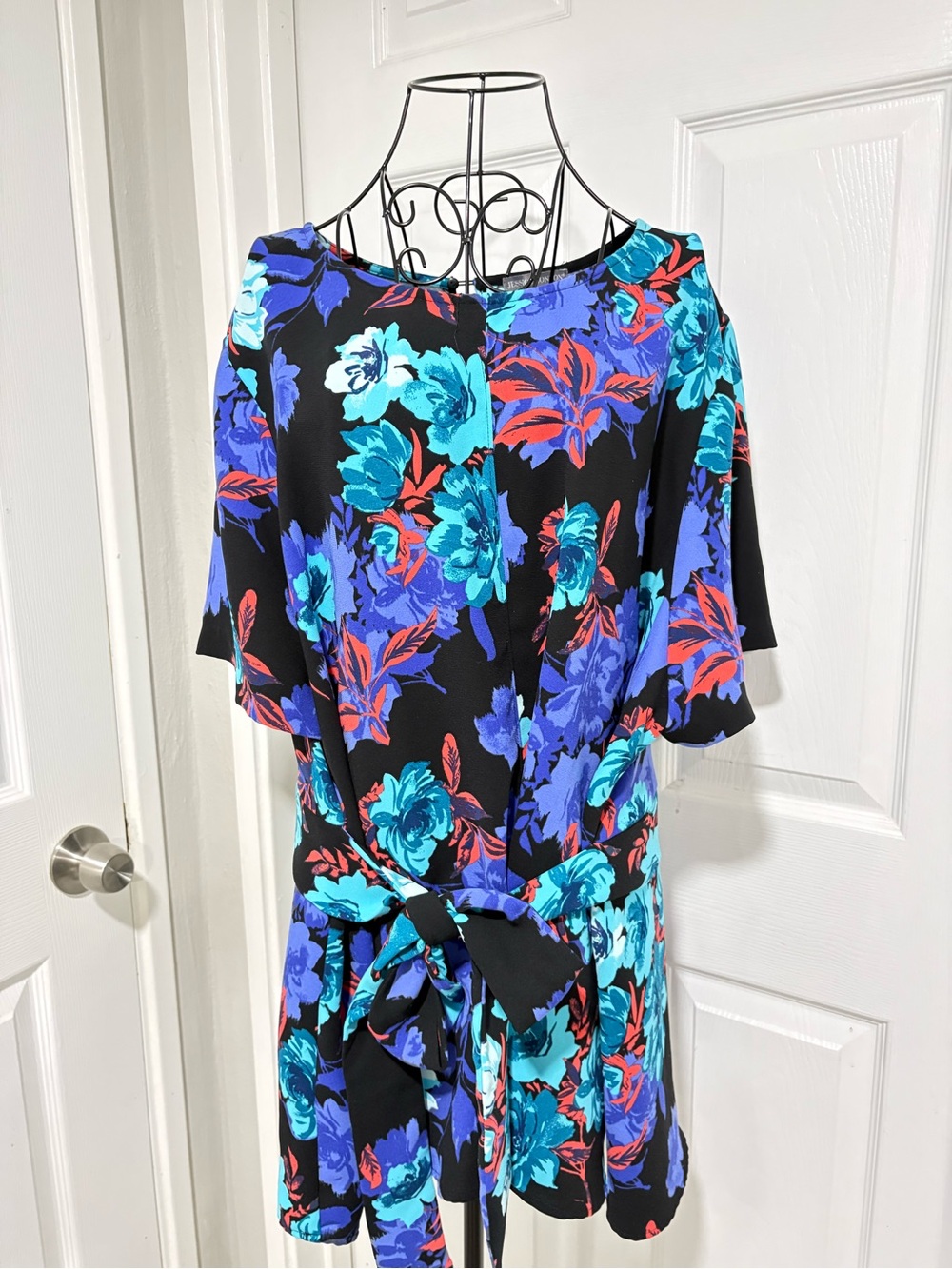Jessica London Plus Size Floral Tie-Waist Tunic - Black, Aqua, Lavender & Red